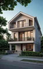 Fototapeta premium A Contemporary Dwelling with Stylish Architecture, Beautiful Exterior Design, and a Serene Garden Setting. Perfect Family Home in a Residential Neighborhood, Featuring Thoughtful Construction