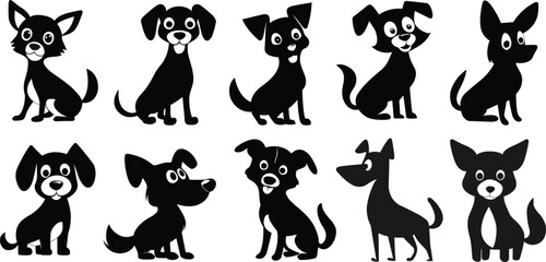 Cartoon dog silhouettes set. Black and white cartoon dogs clipart