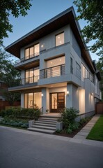 Obraz premium A Contemporary Dwelling with Stylish Architecture, Beautiful Exterior Design, and a Serene Garden Setting. Perfect Family Home in a Residential Neighborhood, Featuring Thoughtful Construction