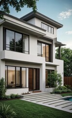 A Contemporary Dwelling with Stylish Architecture, Beautiful Exterior Design, and a Serene Garden Setting. Perfect Family Home in a Residential Neighborhood, Featuring Thoughtful Construction