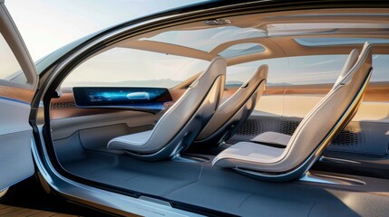 A photo of the interior of a modern car with an open door, showcasing the sleek design of the seats and dashboard.