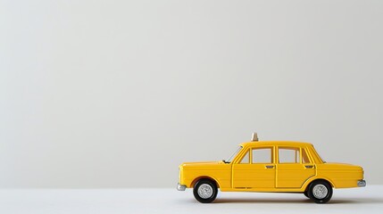 Fototapeta premium Vintage yellow toy taxi car on white background with space for text, nostalgic retro design
