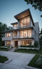 Fototapeta premium A Contemporary Dwelling with Stylish Architecture, Beautiful Exterior Design, and a Serene Garden Setting. Perfect Family Home in a Residential Neighborhood, Featuring Thoughtful Construction