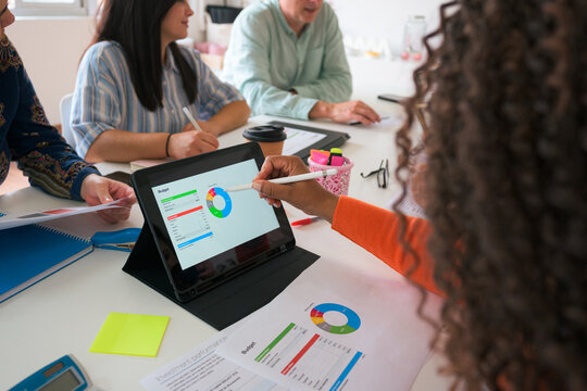 Diverse team engages in a collaborative business meeting with digital tools