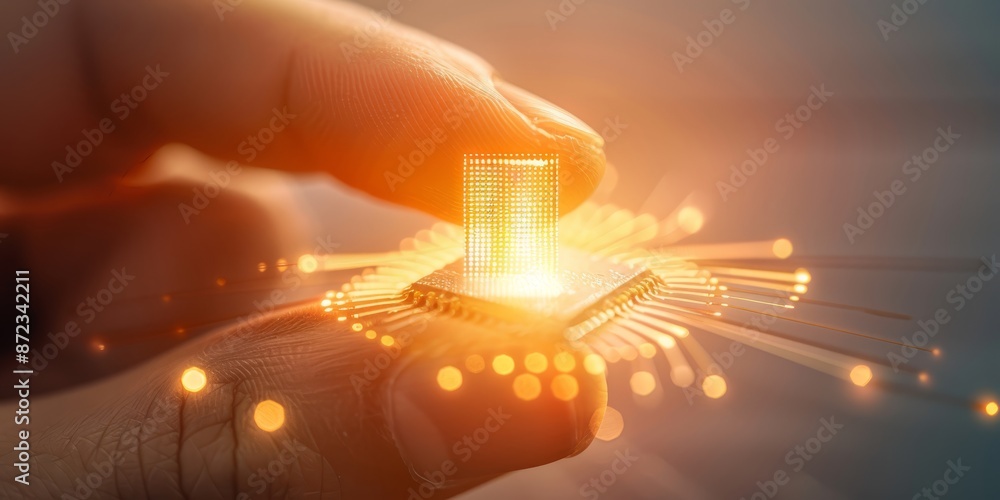 Poster close-up of a glowing nano microchip held by fingers, highlighting the advanced technology and preci