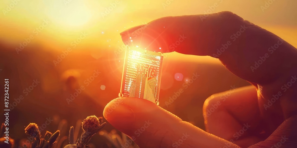 Poster close-up of a glowing nano microchip held by fingers, highlighting the advanced technology and preci