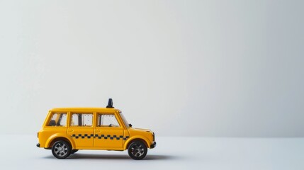 Yellow toy taxi car on white backdrop with ample space for text, perfect for advertising