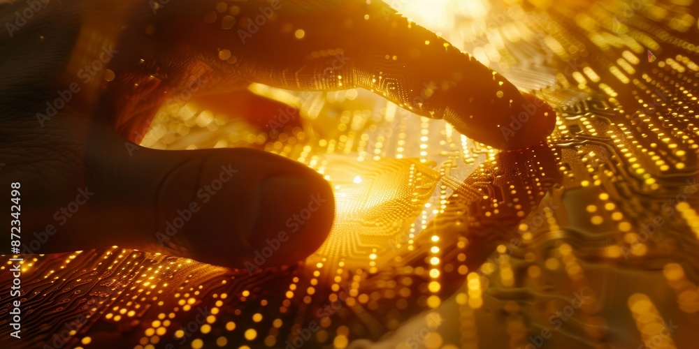 Poster Fingertip touching an illuminated microchip on a circuit board, emphasizing the integration of advanced technology and digital innovation