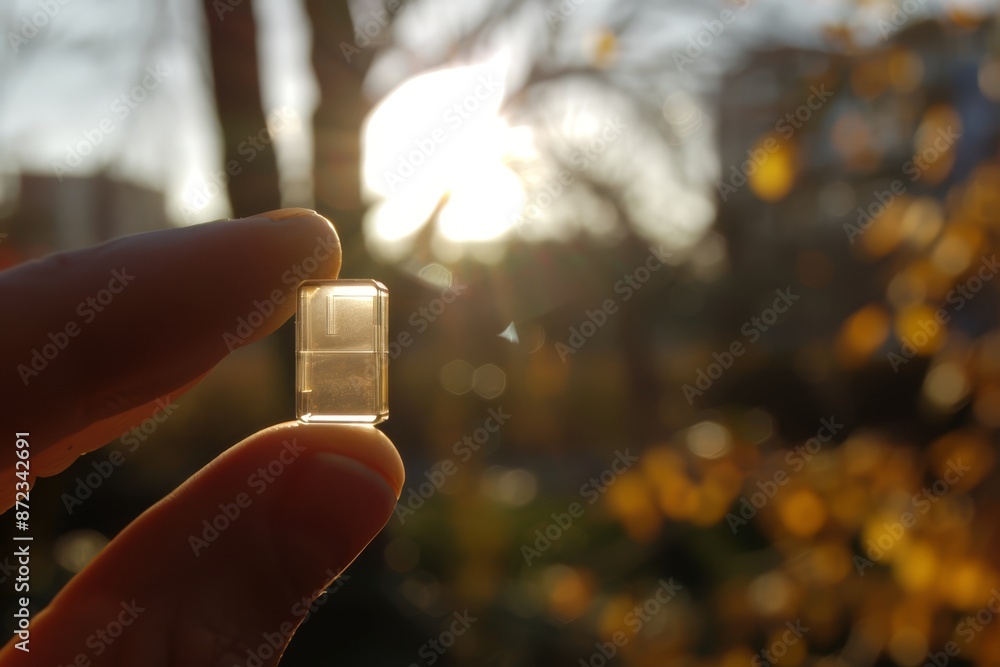 Poster hand holding a transparent microchip against a blurred background with sunlight, symbolizing cutting