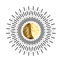 Vintage sunburst, sunset beams. Gold foil, shiny handmade circles. Golden glittering texture, pattern. Hand drawn bursting sun, light rays. Logotype or lettering, retro style. Vector illustration