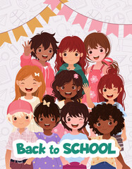 Welcome Back to School Banner. Vertical Template featuring group of Little Boys and Girls for Educational Designs, Promotions, Greeting Cards, Events. Vector illustration with Cute Cartoon Children.