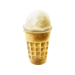 Scoop of vanilla ice cream in crispy waffle cone. Hand painting sweet watercolor illustration isolated on background. For designers, menu, shop, deco