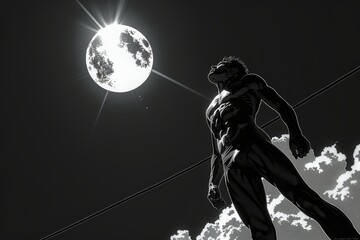 Black and white illustration of a determined athlete gazing at the moon, symbolizing aspiration, dreams, and the relentless pursuit of goals