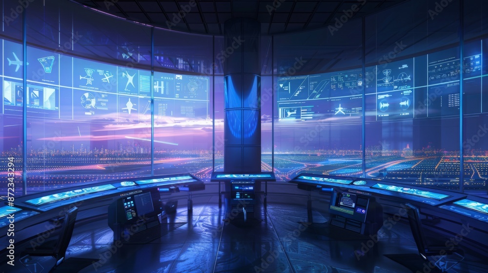 Leinwandbilder inside a futuristic air traffic control center with large screens showing flight data and a city sky