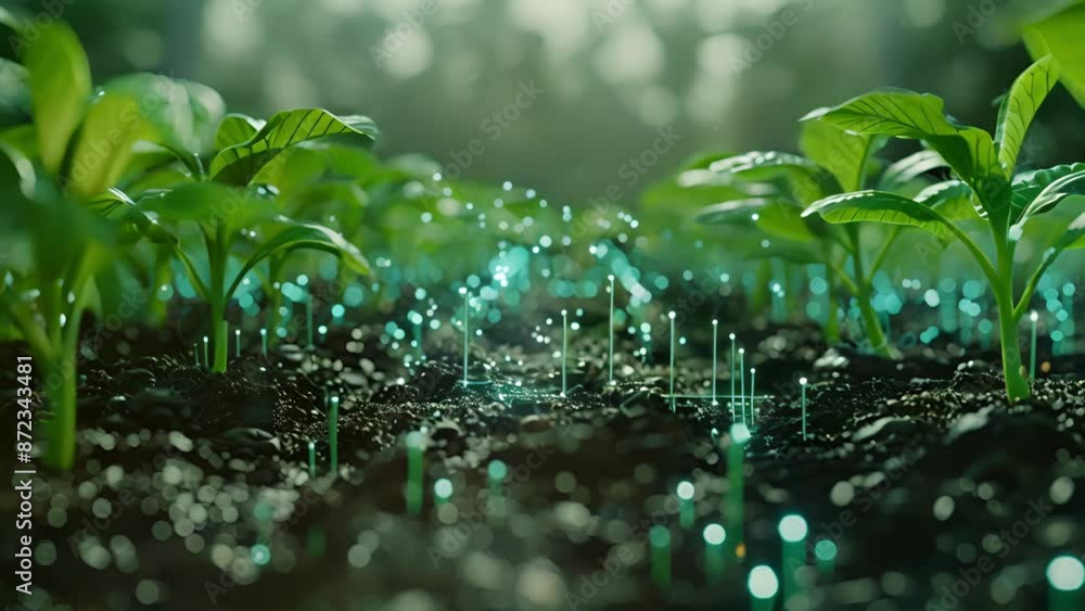 Poster a farm equipped with sensors and cameras connected to 5g constantly monitoring the growth of crops a