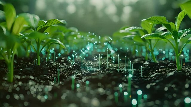 A farm equipped with sensors and cameras connected to 5G constantly monitoring the growth of crops and providing valuable data on soil quality sunlight exposure and temperature.