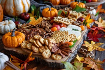 A festive autumn charcuterie board featuring crackers, assorted nuts, and cheese slices surrounded by mini pumpkins