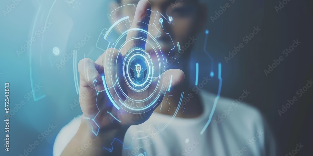 Poster Futuristic digital interface with hand interacting, illustrating technology and innovation in data visualization and cybernetic systems