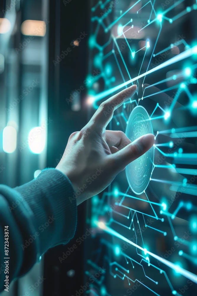 Poster Futuristic digital interface with hand interacting, illustrating technology and innovation in data visualization and cybernetic systems