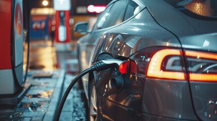 Obraz premium Silver electric car refueling at advanced electric station for eco friendly vehicles