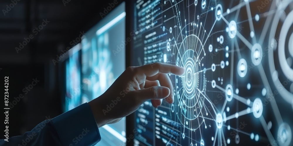 Poster Futuristic digital interface with hand interacting, illustrating technology and innovation in data visualization and cybernetic systems
