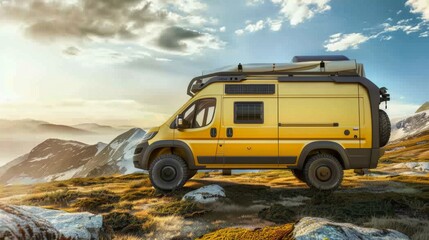 Yellow camper van with roof rack, canvas awning, spare tire, and off-road tires parked on grassy mountainside facing the sun with snow-capped mountains in the background.