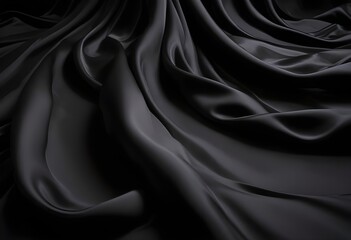 Fototapeta premium Wavy smoot soft black silk drap fallind surface sample texture background