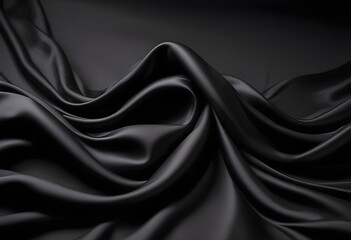 Fototapeta premium Wavy smooth black silk drapery background texture sample