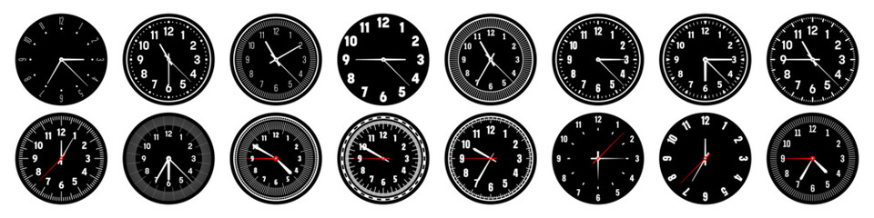 Mechanical clock faces with hands, bezel. Watch dial with minute, hour marks and numbers, arabic numerals. Timer or stopwatch element. Measuring circle scale with divisions. Vector illustration