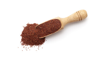 Top view of a wooden scoop filled with dry Organic Sleeping plant or Lajvanti (Mimosa pudica) seeds. Isolated on a white background.