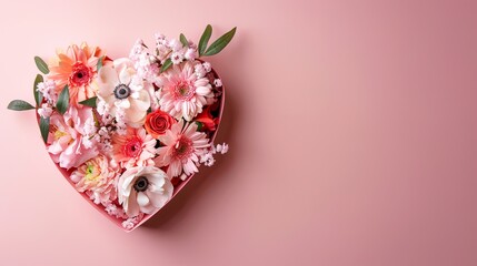 Heart-Shaped Gift Box Filled With Pink and Orange Flowers on a Pink Background
