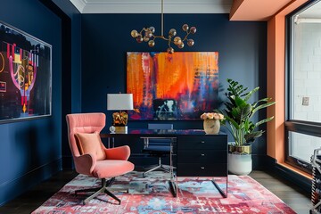 Vibrant workspace, navy and peach pops, sleek style, 32k UHD,