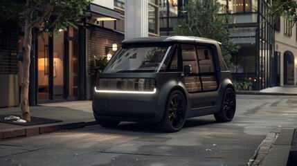 A black electric car is parked on a city street, facing the camera. The car has large windows and a sleek design. Its parked near a sidewalk with a tree in the background.