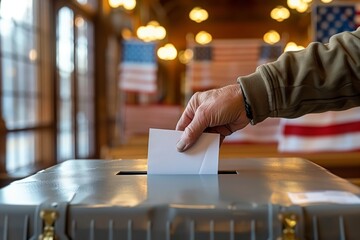 Close-up of a person casting a vote by placing a ballot into a ballot box in a polling station.