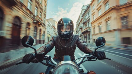 POV closeup of a man with black helmet driving a motorcycle on a public road with sweeping effect