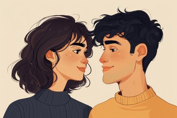 Romantic couple with a floral background digital illustration capturing love and intimacy in a charming and elegant style