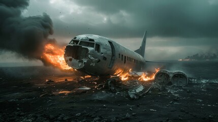 dramatic photo of a burning crashed plane with smoke, fire, and debris against a backdrop of dark clouds and gray sky