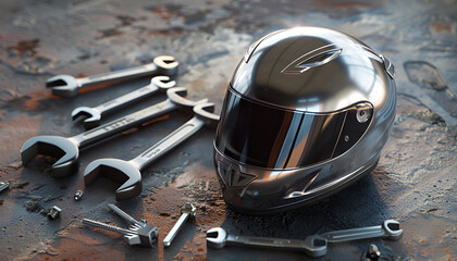 motorcycle helmet at ground with some wrenches