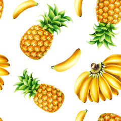 Seamless pattern with pineapple and banana illustrations. Tropical watercolor fruit isolated on background. For designers, spa decoration, postcards, wedding, greetings, wallpapers, wrapping pape