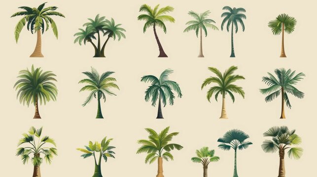 This illustration displays a collection of various palm trees organized in a grid layout, showing different shapes and colors of palm trees seen around the world.