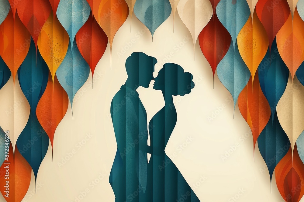Poster silhouetted profiles of a couple with geometric patterns digital illustration representing love and 