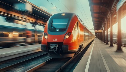 Fototapeta premium Image depicts a sleek commuter train of DB arriving at an outdoor station with motion blur and warm tones
