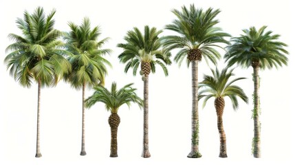 Six different tall palm trees are arranged in a straight line, highlighting their various trunk shapes, leaf types, and overall structure, set against a white background for clarity.