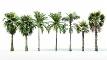 Obraz premium A lineup of seven different palm trees, each displaying distinct leaf patterns and trunk textures, set against a plain white background to emphasize their individual features.
