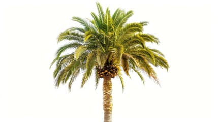 A palm tree with a dense crown of leaves is isolated on a white backdrop, offering a clear view of its lush foliage and the textural details of the leaves.
