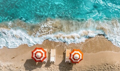 Naklejka premium aerial view of beach chairs and umbrellas on sandy shore with gentle waves, vibrant orange accents contrasting white sand and turquoise water creating a serene atmosphere