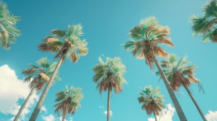 This image captures tall palm trees reaching towards a clear blue sky with some fluffy white clouds, embodying the serene and tropical nature of a sunny day.