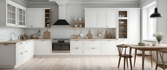 Fototapeta premium A modern white kitchen with minimalist design, featuring wooden countertops, open shelves, and a dining table Bright, spacious, and ideal for family gatherings