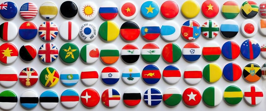 A vibrant collection of round badges displaying various international flags, symbolizing unity, diversity, and cultural pride  Perfect for multicultural events