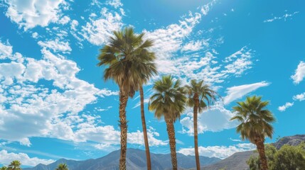 A cluster of palm trees stands tall against a scenic backdrop of mountains and a vibrant blue sky with wispy clouds, creating a stunning visual contrast between the lush greenery and the rugged terra